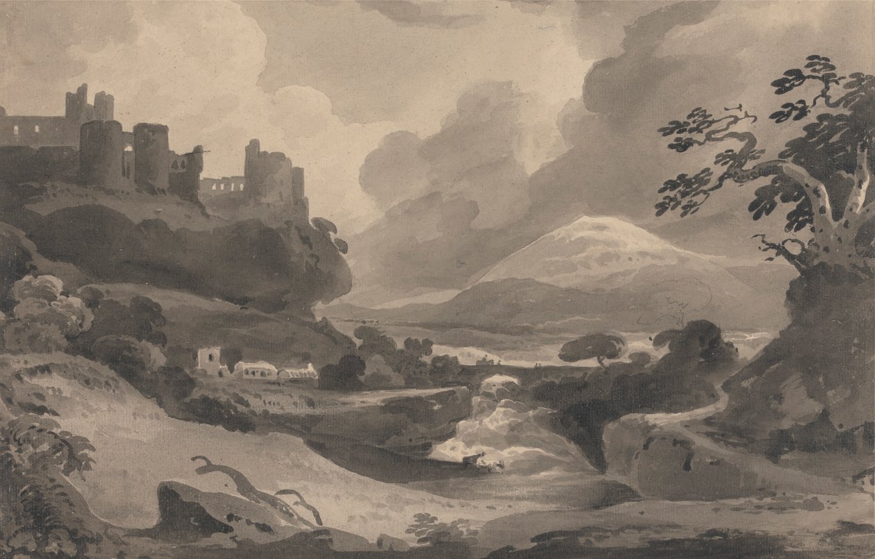 Paisagem de montanha com ruínas de castelo num penhasco de John Varley