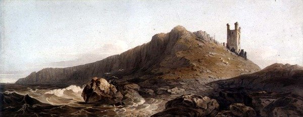 PD.10-1997 Castelo de Dunstanborough: The Lilburn Tower, c.1809 (grafite e aguarela sobre papel) de John Varley