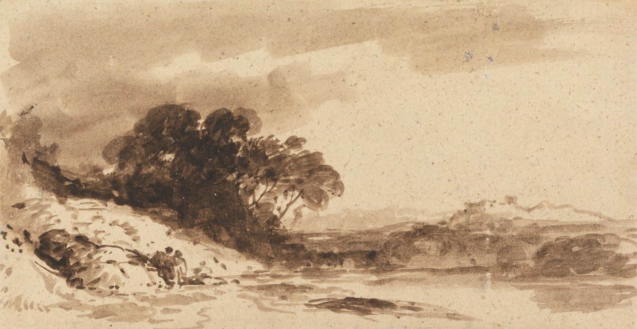 Paisagem fluvial com Duas Figuras, Lago e Montanhas Distantes de John Varley