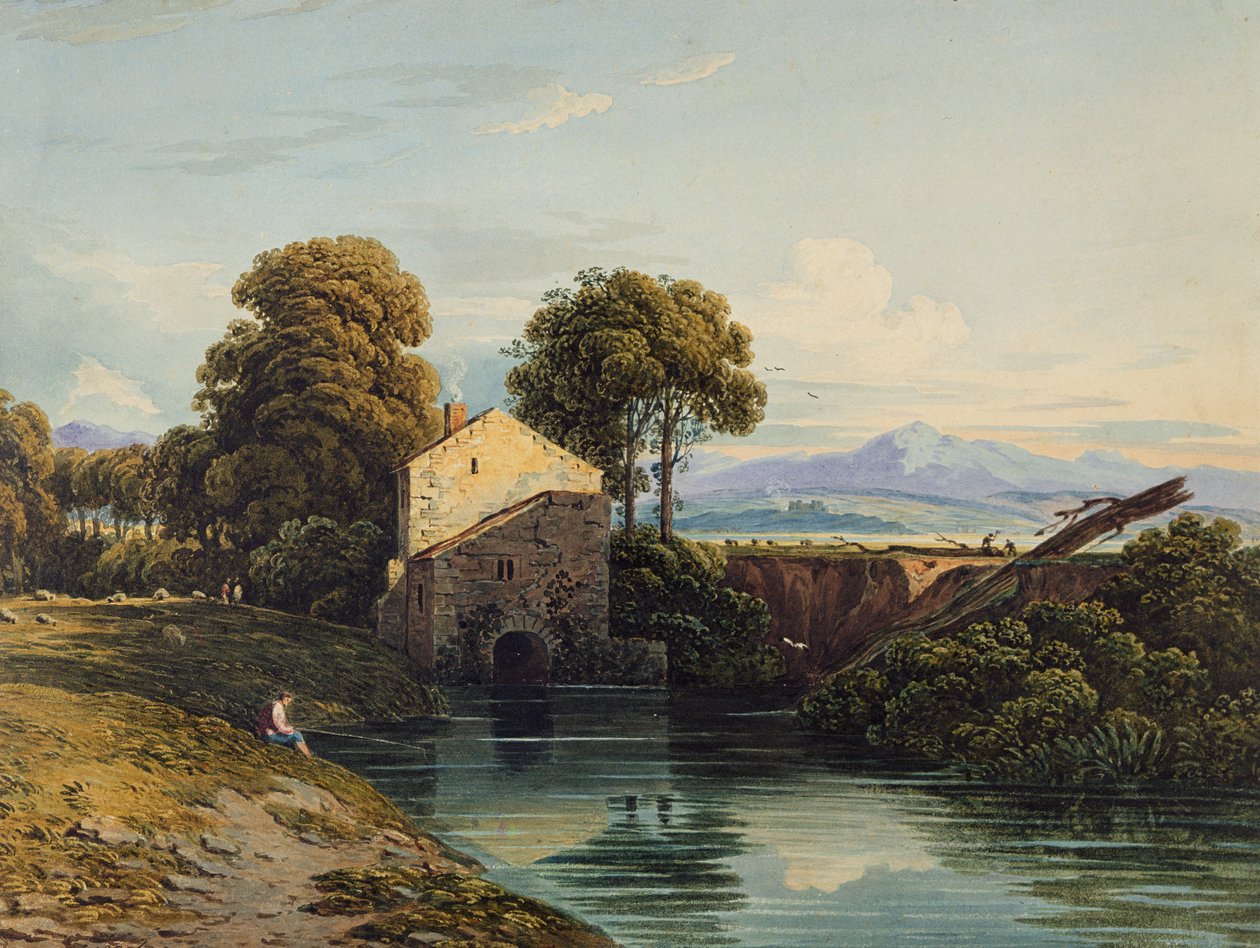 Moinho de Água com Castelo Distante e Colinas de John Varley