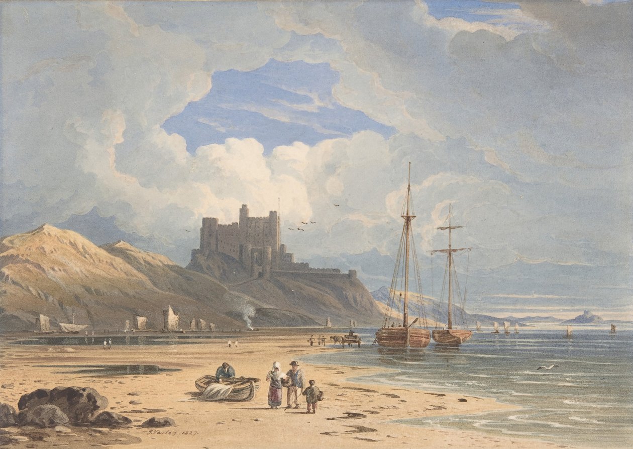Castelo de Bamburgh do Nordeste, com Ilha Sagrada à Distância, Northumberland, 1827. de John Varley I