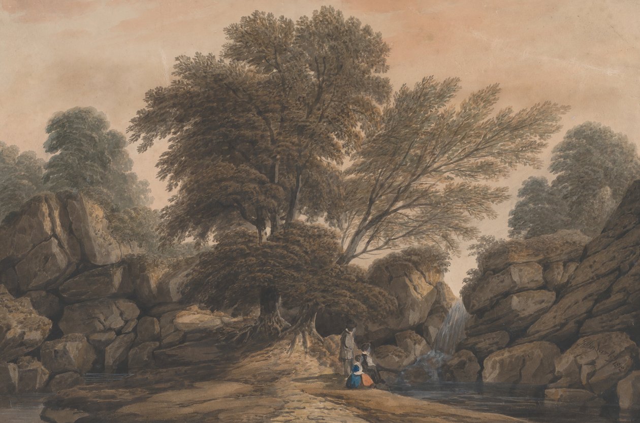 Figuras ao lado de uma Cachoeira e Piscina em uma Paisagem arborizada, 1812. de John Varley I