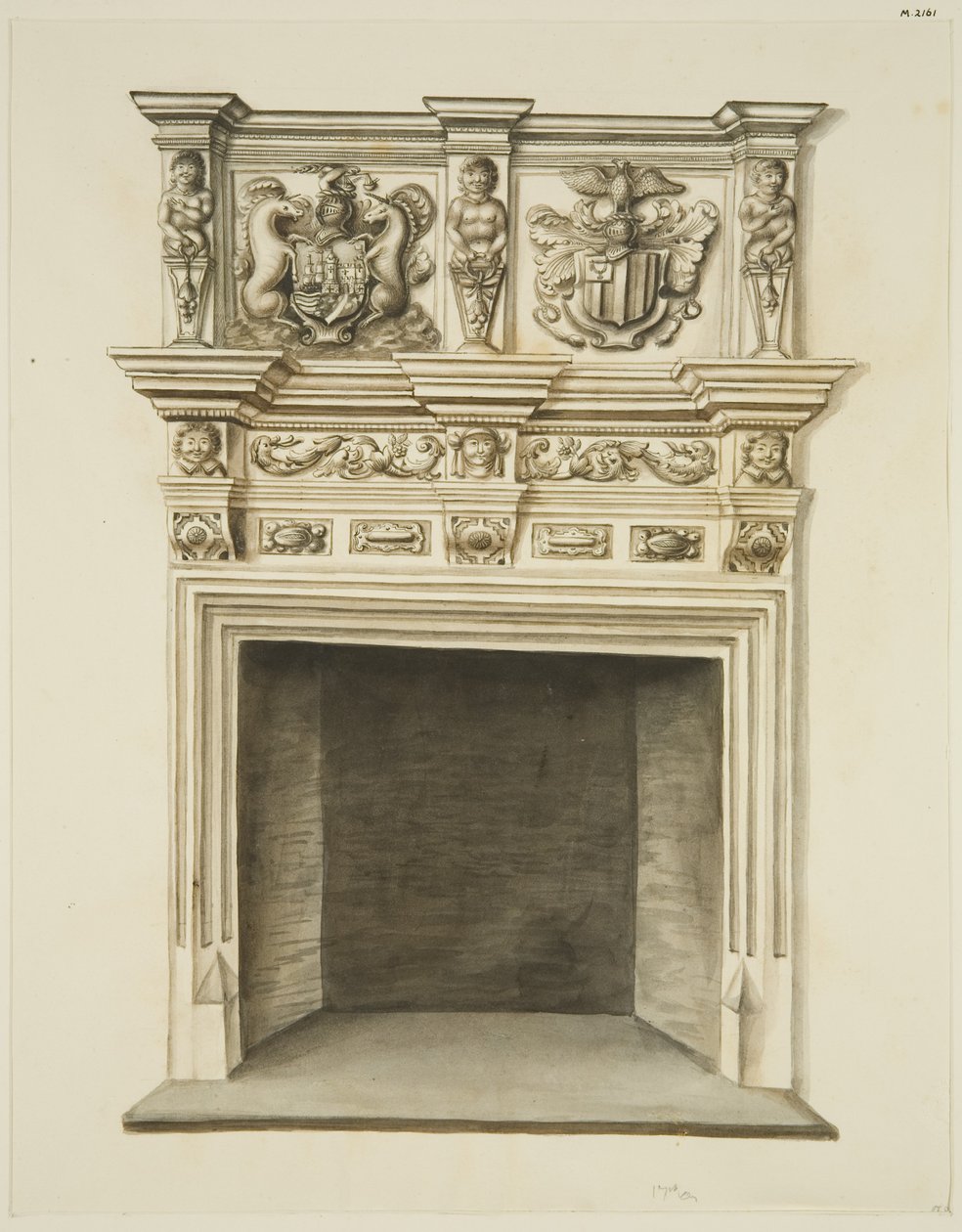 Peça de chaminé na antiga residência de Sir John Knight, Temple Street (lápis e aguarela sobre papel) de John W. Brett