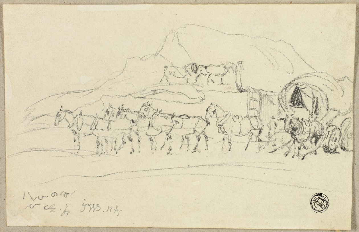 Carroça com oito cavalos sendo engatados de John Ward