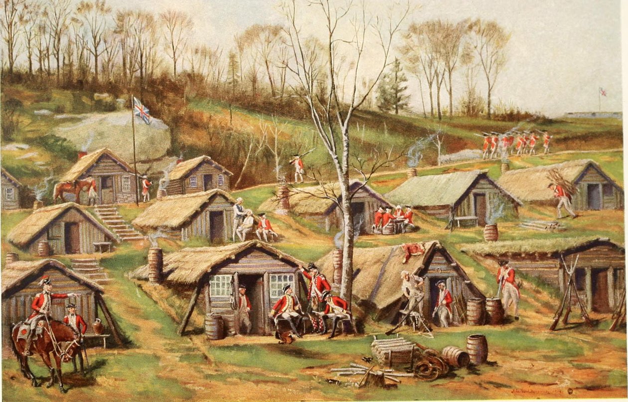 O acampamento da cabana na fazenda de Dyckman, ilustração das relíquias da revolução; a história da descoberta dos restos enterrados da vida militar em fortes e acampamentos na ilha de Manhattan por Reginald Pelha de John Ward after Dunsmore