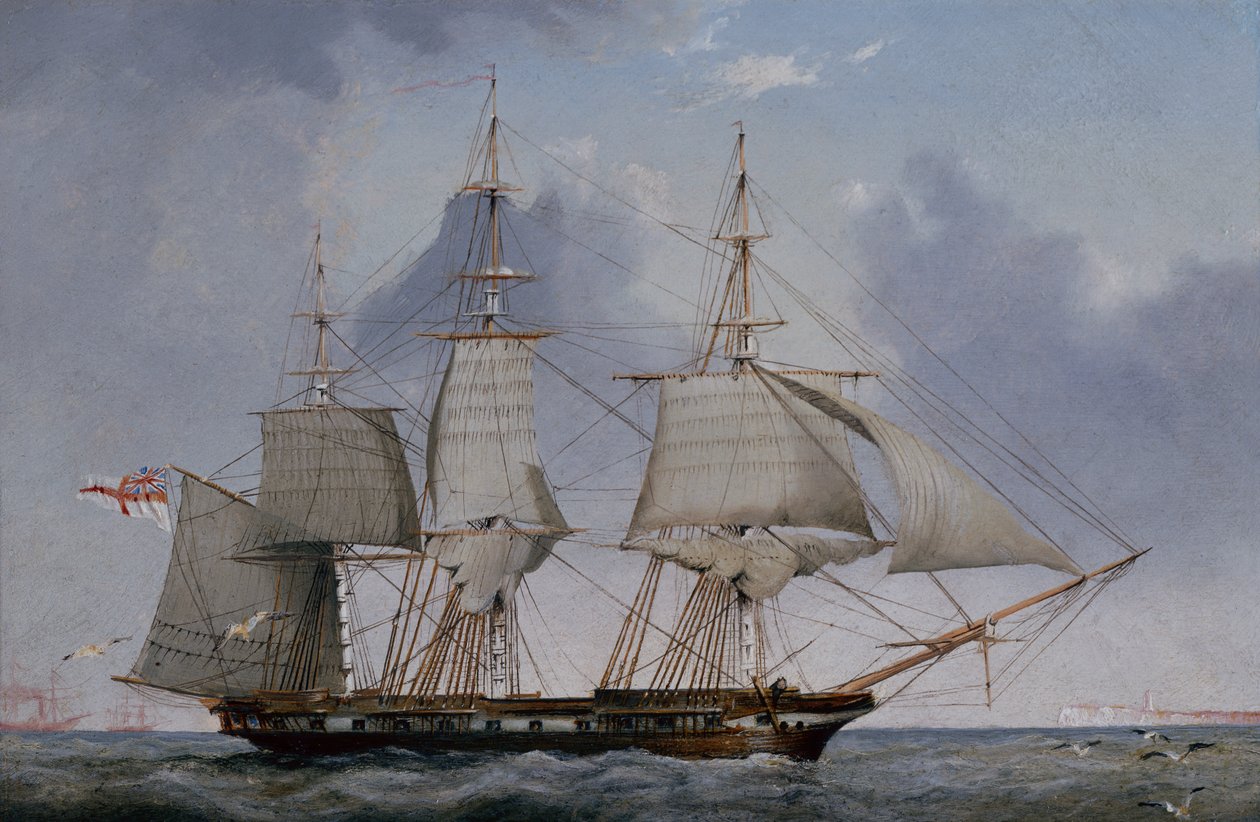 Uma quinta fragata Hove-To de 36 armas de fogo num saco de estibordo (óleo no painel) de John Ward of Hull