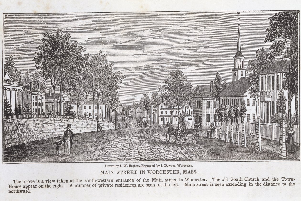 Main street em Worcester, de &39;Historical Collections of Massachusetts&39;, de John Warner Barber, gravada por J. Downes, 1839 de John Warner Barber