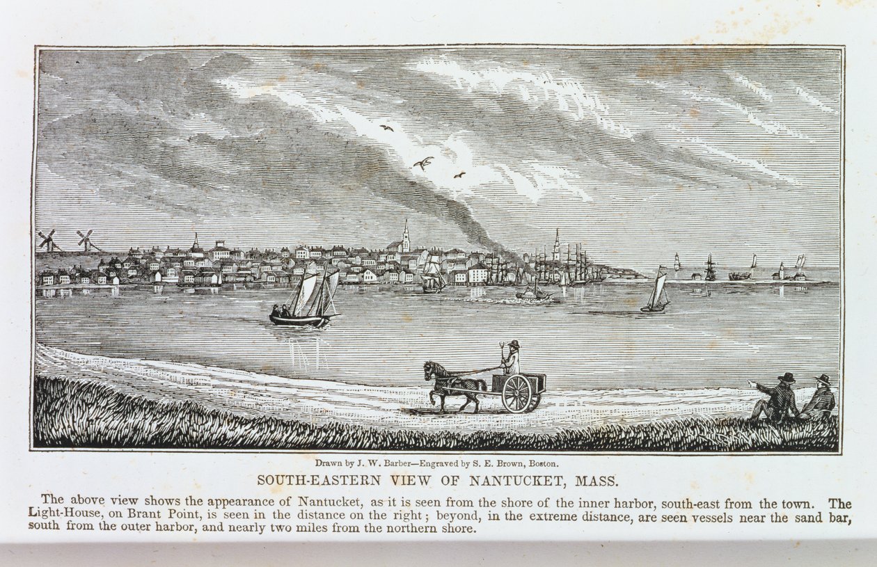 Vista sudeste de Nantucket, de "Historical Collections of Massachusetts", de John Warner Barber, gravada por SE Brown, 1839 de John Warner Barber