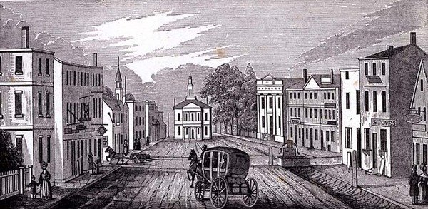 Vista do sul na parte central de Salem, de coleções históricas de Massachusetts, por John Warner Barber, gravada por J. Downes, 1939 de John Warner Barber