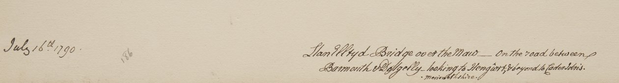 Llanelltyd Ponte sobre o Maw, na estrada entre Barmouth e Dolgellau, olhando para Hengwrt e além de Cader Idris, Merionethshire, 16 de julho de 1790 de John Warwick Smith