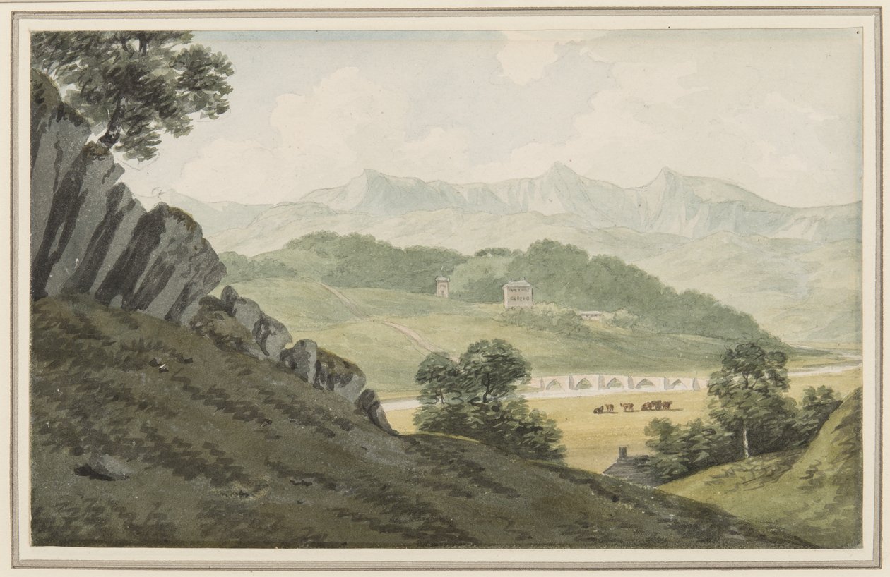 Llanelltyd Ponte sobre o Maw, na estrada entre Barmouth e Dolgellau, olhando para Hengwrt e além de Cader Idris, Merionethshire, 16 de julho de 1790 (wc no papel) de John Warwick Smith