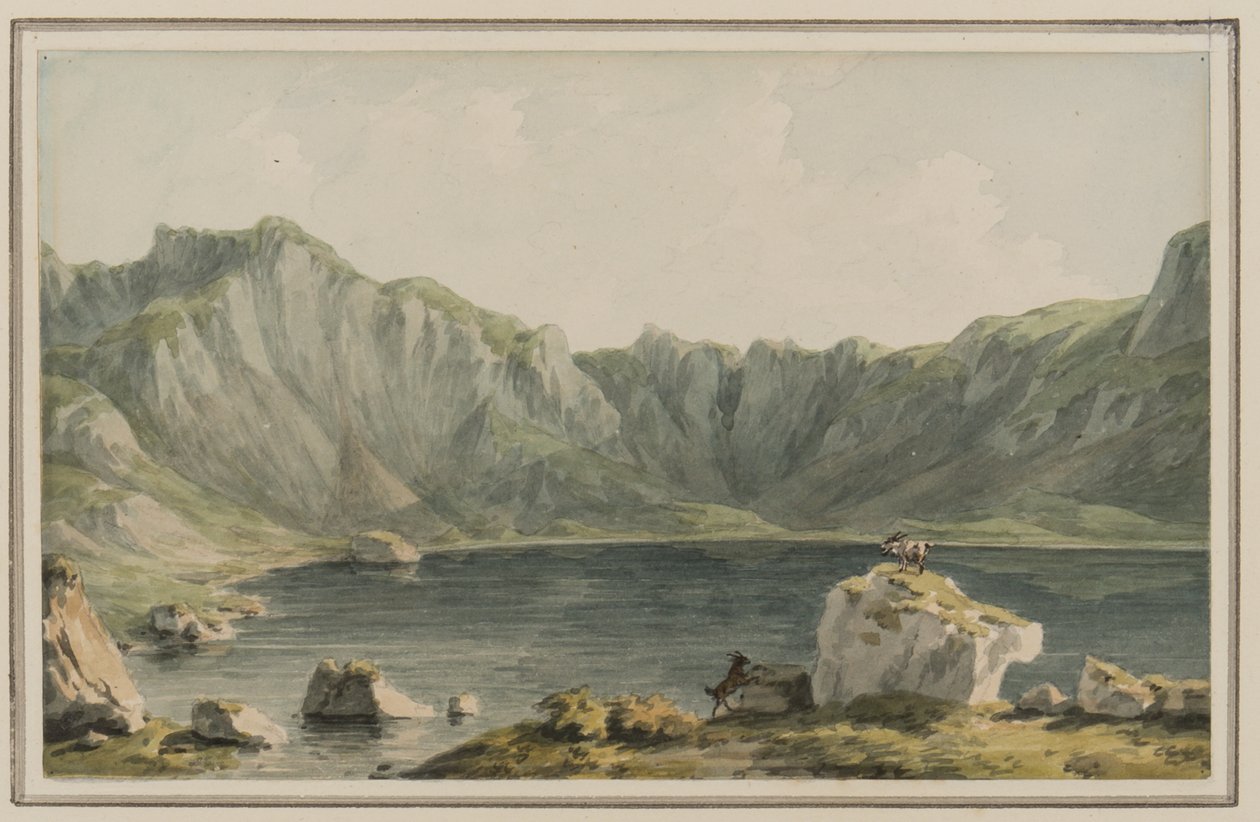 Llyn Idwal, sobre a abordagem de Llyn Ogwen, Carnarvonshire, c.1795 (wc no papel) de John Warwick Smith