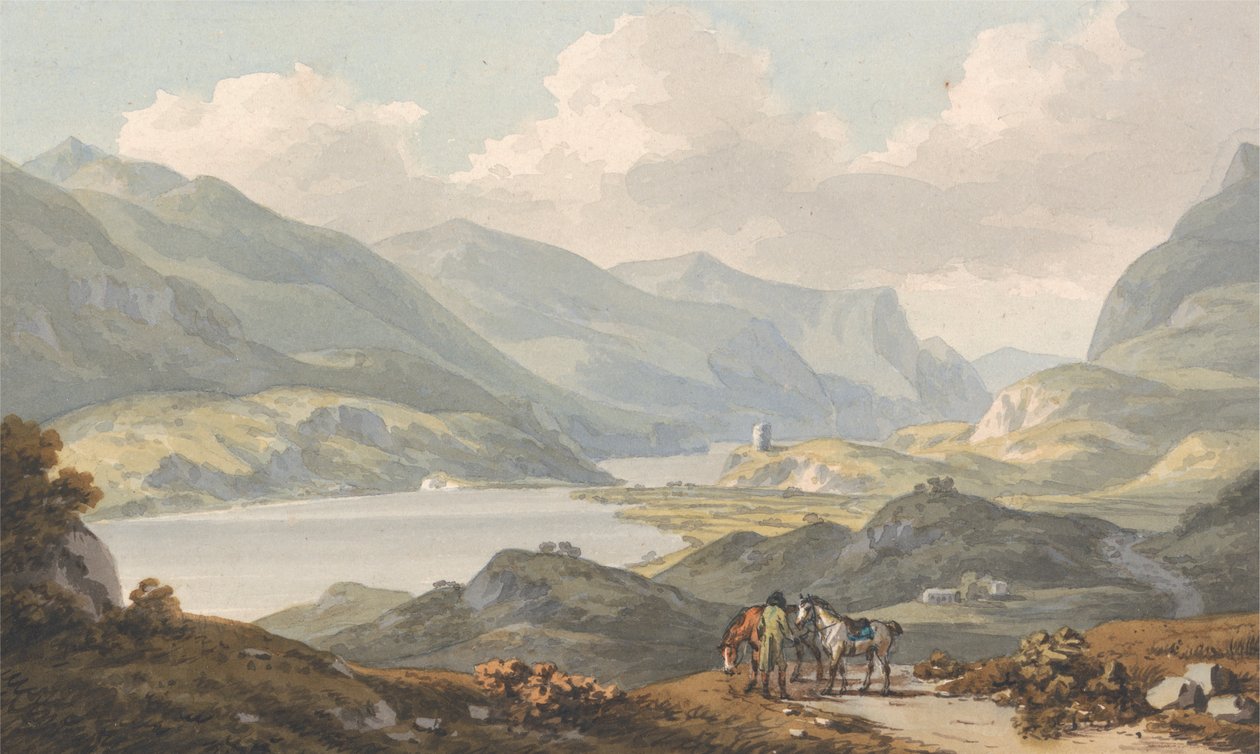 Os Lagos de Llanberis - da estrada de Caernarfon Going para Llanberis, Caernarfonshire de John Warwick Smith