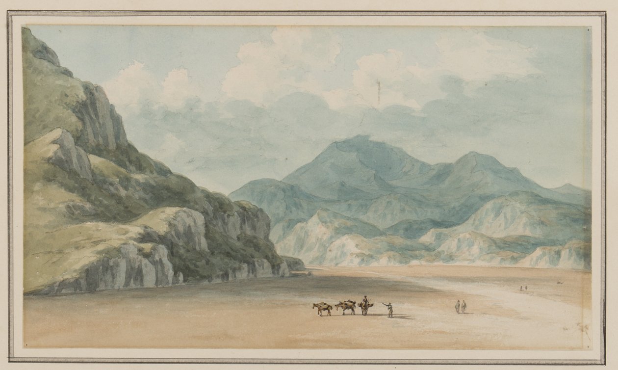 Vista sobre o Fraeth Mawr Sands, para Snowdon, em cruzá-los entre Penmorsa e Cynant, Merionethshire, 21 de julho de 1795 (wc no papel) de John Warwick Smith