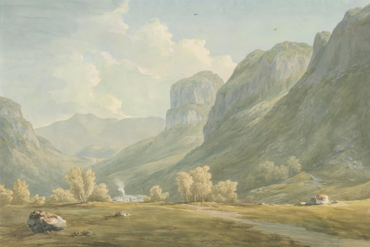 Aldeia de Stonethwaite e Eagle Cragg, Borrowdale de John Warwick Smith