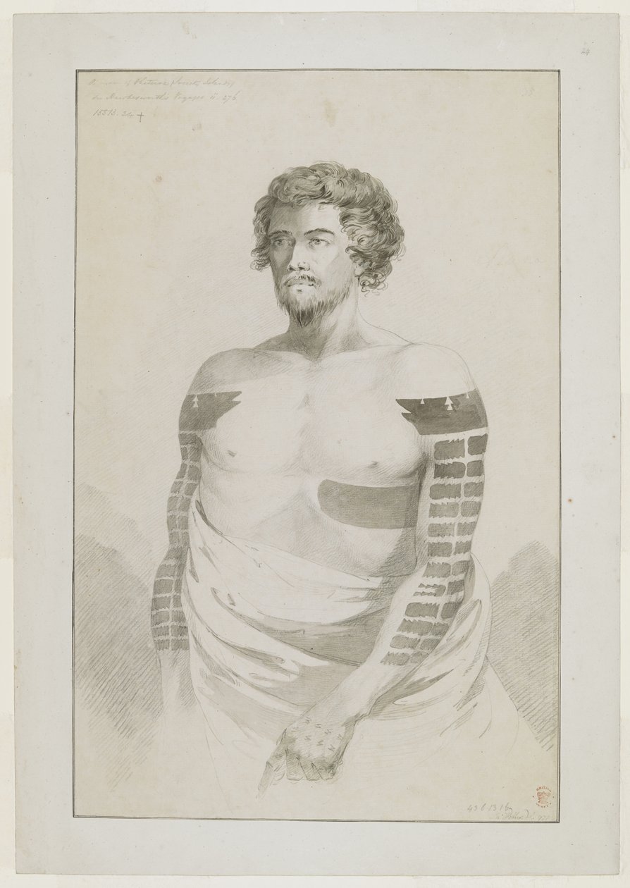 (Desenho inteiro) Retrato de um chefe de Borabora, [Puni?]; um homem barbudo com os braços fortemente tatuados com manchas rectangulares planas e uma grande mancha no lado esquerdo. dezembro de 1777 de John Webber
