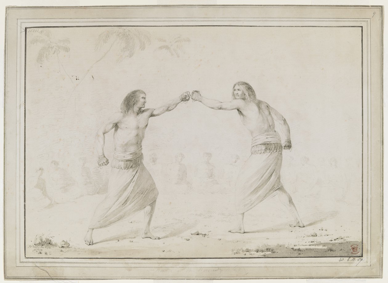 (Desenho completo) Dois homens a lutar boxe, com espectadores sentados em semicírculo e palmeiras esboçadas ao fundo de John Webber