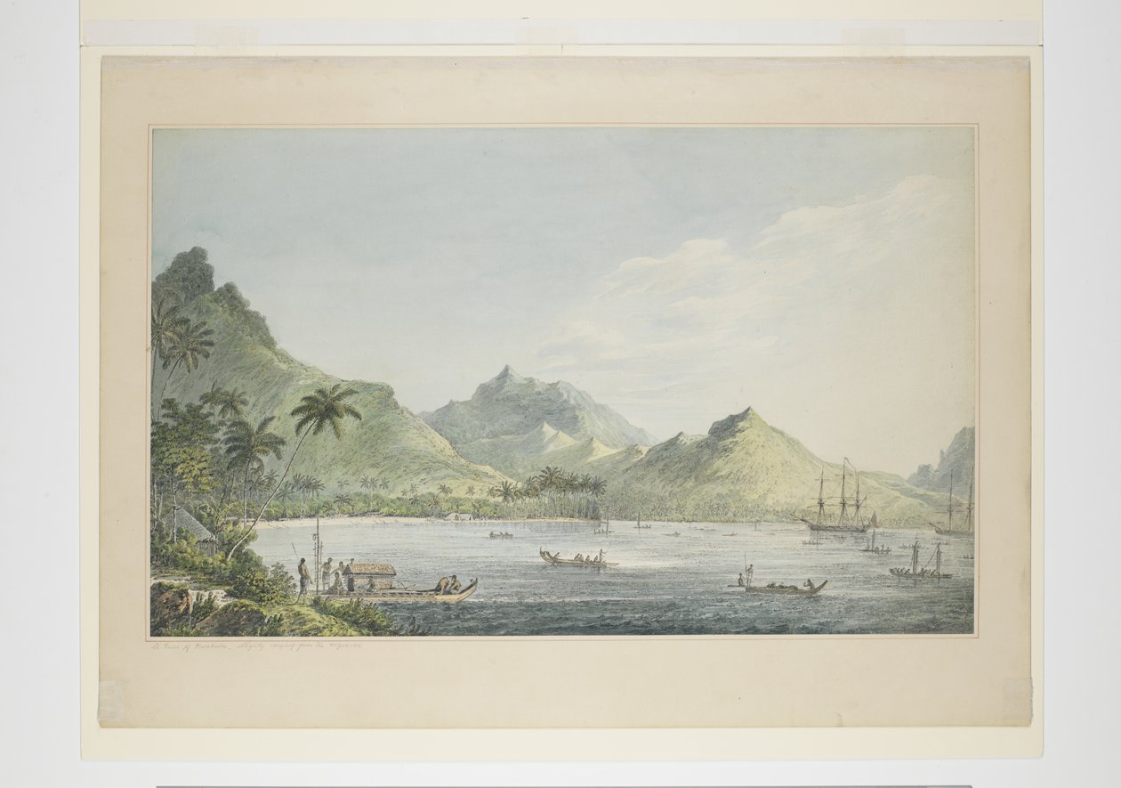 16: Uma Vista de Huaheine, de uma série de aguarelas ilustrando a última viagem do Capitão Cook, c.1773-84 (aguarela sobre papel) de John Webber