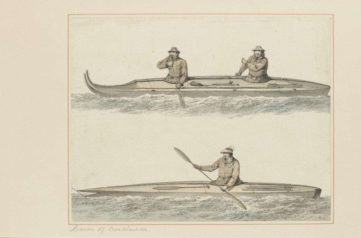 30: Canoas de Oonalashka, de uma série de aquarelas ilustrando a última viagem do capitão Cook, c.1773-84 (wc no papel) de John Webber