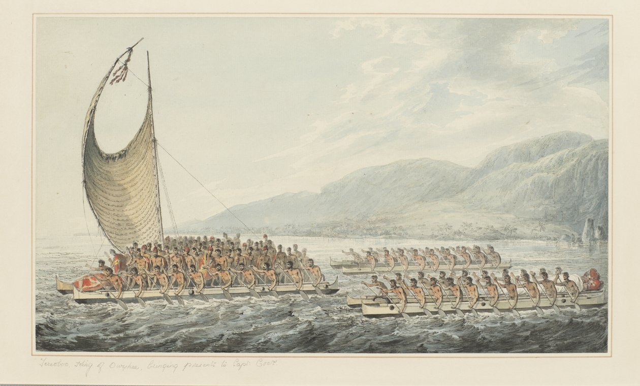 35: Tereoboo, Rei de Owyhee, trazendo presentes ao Capitão Cook, de uma série de aguarelas ilustrando a última viagem do Capitão Cook, c.1773-84 (aguarela sobre papel) de John Webber
