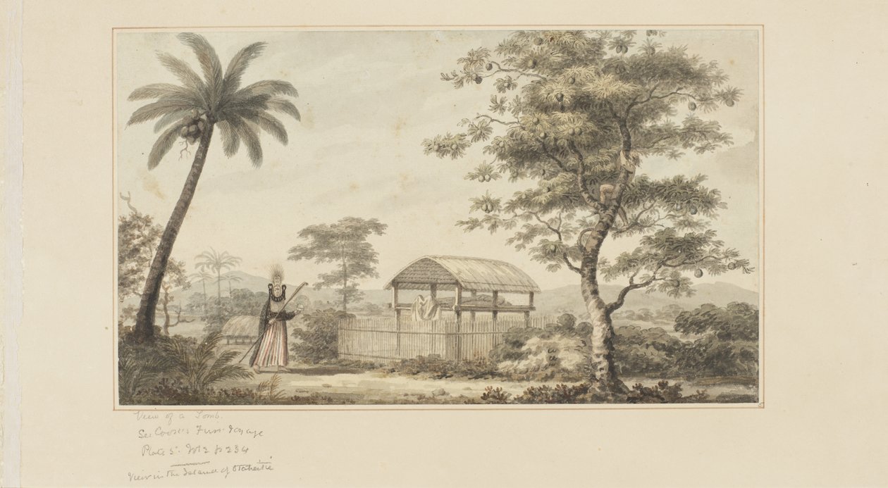 45: Vista de uma Tumba, de uma série de aguarelas ilustrando a última viagem do Capitão Cook, c.1773-84 (aguarela sobre papel) de John Webber