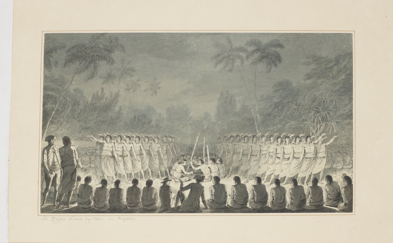 5: Uma Dança Noturna de Homens, em Hapaee, de uma série de aquarelas ilustrando a última viagem do capitão Cook, c.1773-84 de John Webber