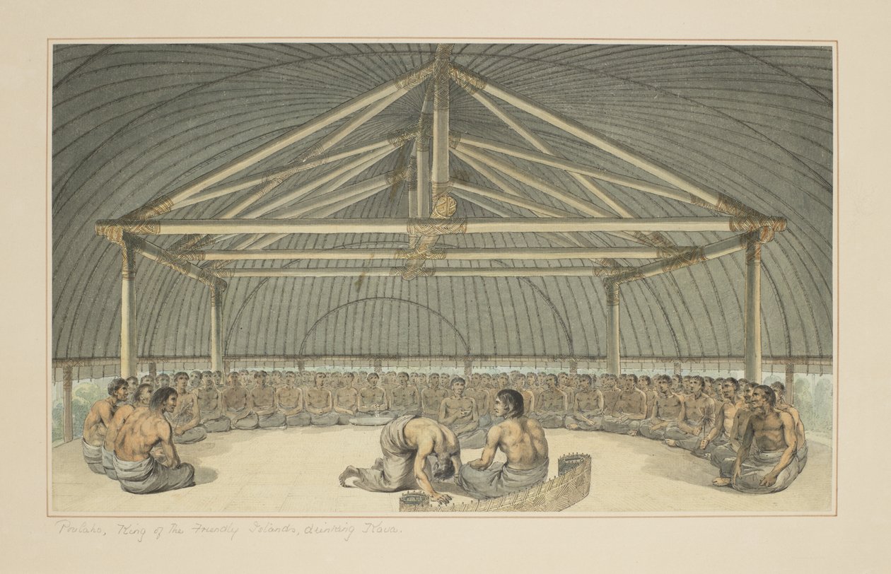 7: Poulaho, Rei das Ilhas Amigas, bebendo Kava, de uma série de aquarelas ilustrando a última viagem do capitão Cook, c.1773-84 de John Webber