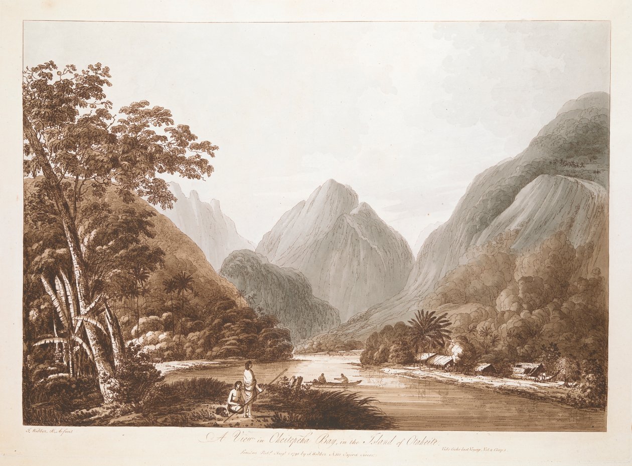 Uma vista na Baía de Oheitepeha, na Ilha de Otaheite. Paisagem com duas figuras em uma canoa em um trecho de água cercado por altas montanhas, com árvores grossas nas encostas mais baixas de ambos os lados, edifícios de palha na margem à direita e duas fig de John Webber