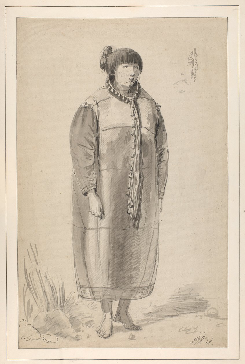 Um desenho intitulado "Uma mulher nativa da América do Norte" num caderno de esboços de John Webber de John Webber