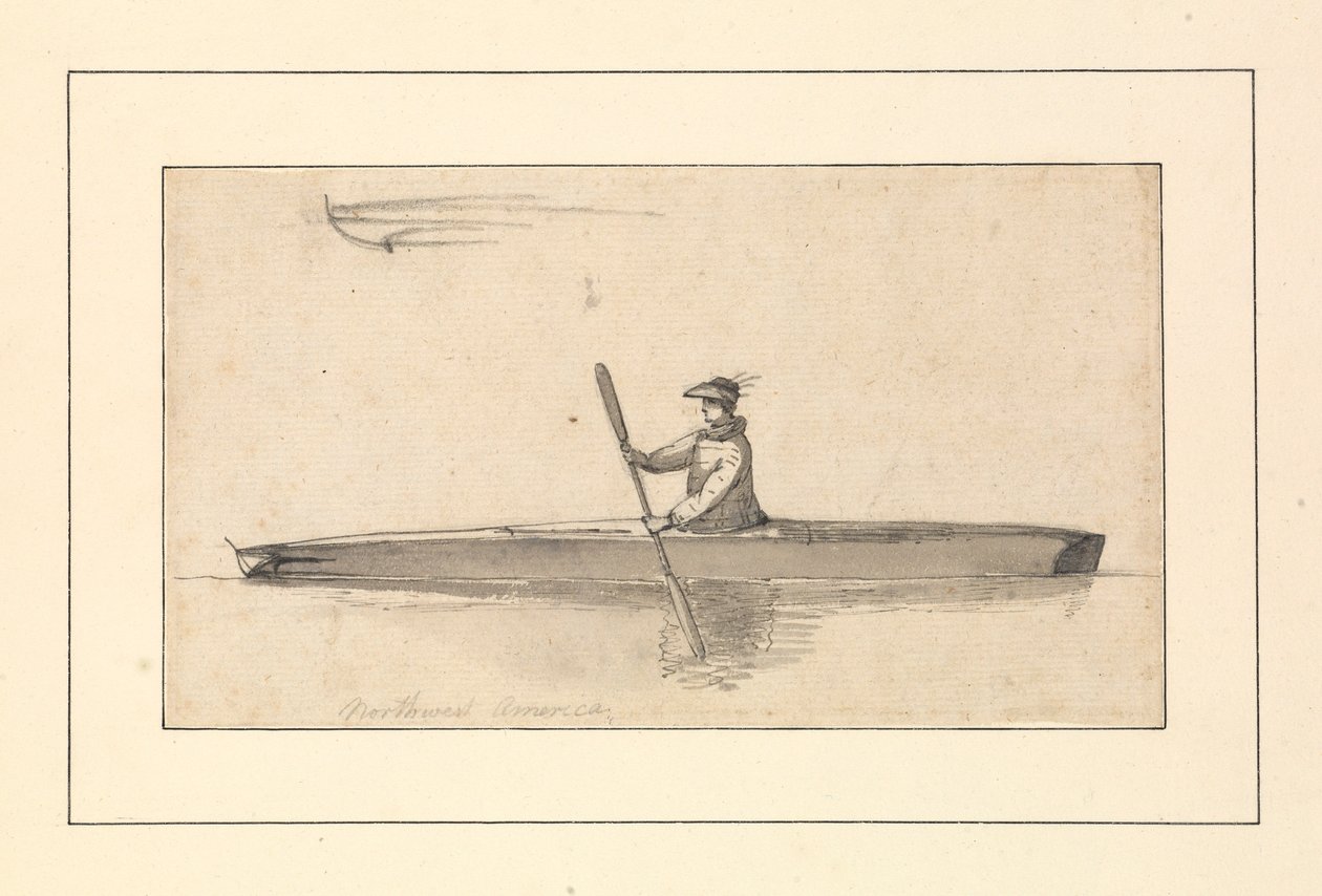 Um desenho intitulado "Northwest American Canoe" num caderno de esboços de John Webber de John Webber