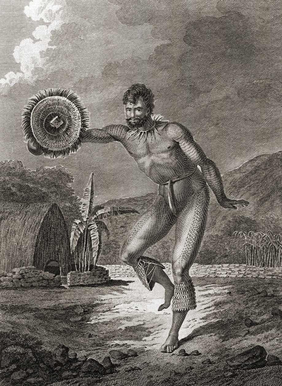 Um dançarino tatuado em traje tradicional, Havaí, 1778 de John Webber
