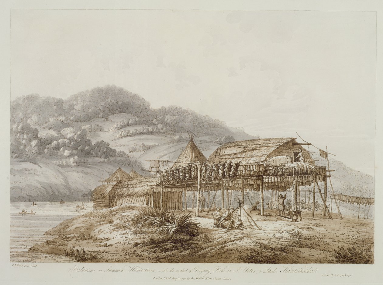 Balagans ou Habitações de Verão, com o método de secagem de peixe em St. Peter e Paul, Kamtschatka, de "Views in the South Seas", pub. 1792 de John Webber