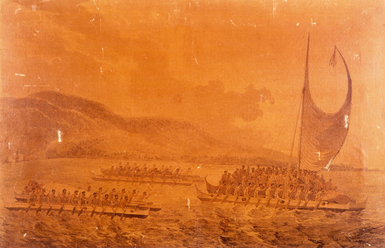 Canoas vão encontrar-se com o Capitão James Cook de John Webber