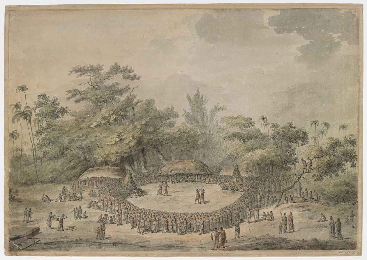 O Capitão Cook sentado com os chefes, observando dois pares de combatentes; um par luta boxe e o outro par luta com paus, no meio de um grande círculo de espectadores. Alguns homens da companhia de Cook estão à esquerda, à margem da multidão. Uma canoa em  de John Webber