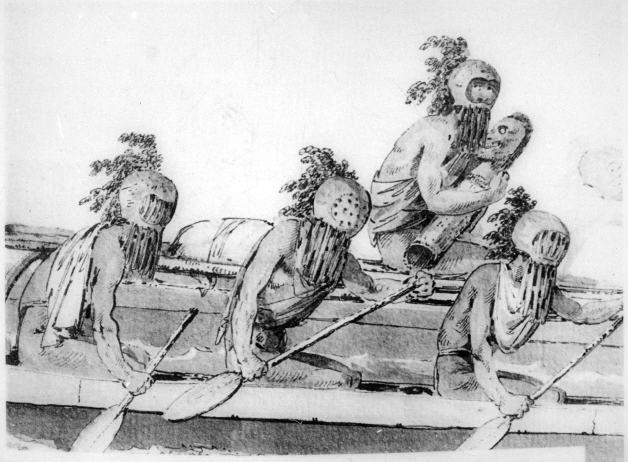 Canoa dupla com remadores, Havaí, século XVIII de John Webber
