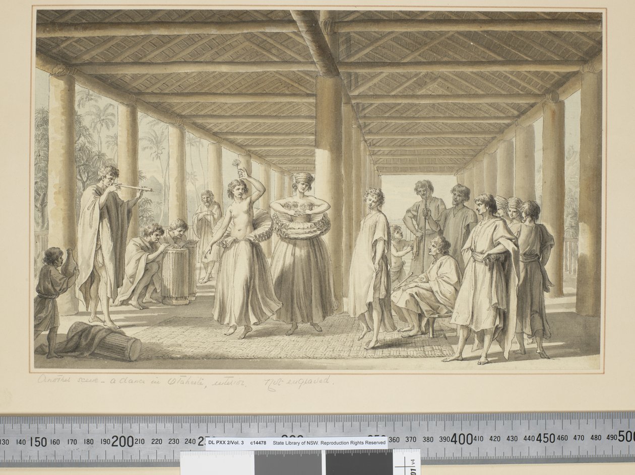 F.14 Outra cena, uma dança em Otaheite, exterior, c.1773-84 (aguarela) de John Webber