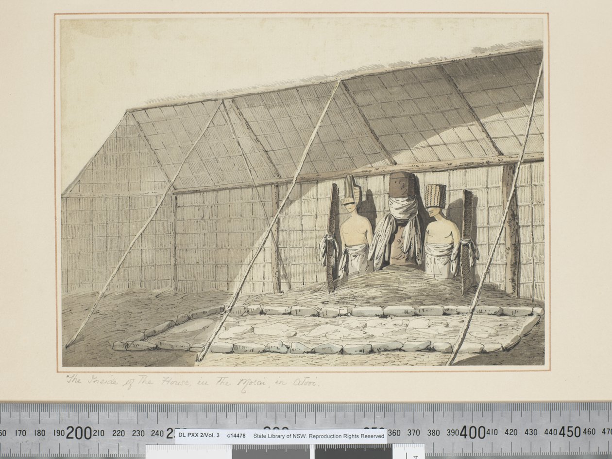 F.18 O Interior da Casa, no Morai, em Atooi, c.1773-84 (aquarela) de John Webber