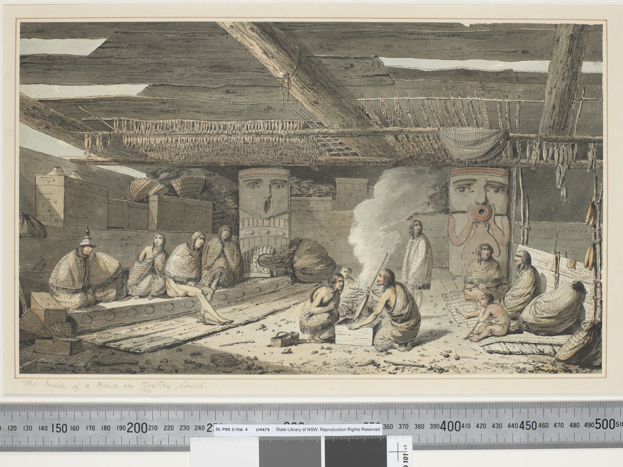 F.24 O interior de uma casa em Nootka Sound, c.1773-84 (aquarela) de John Webber