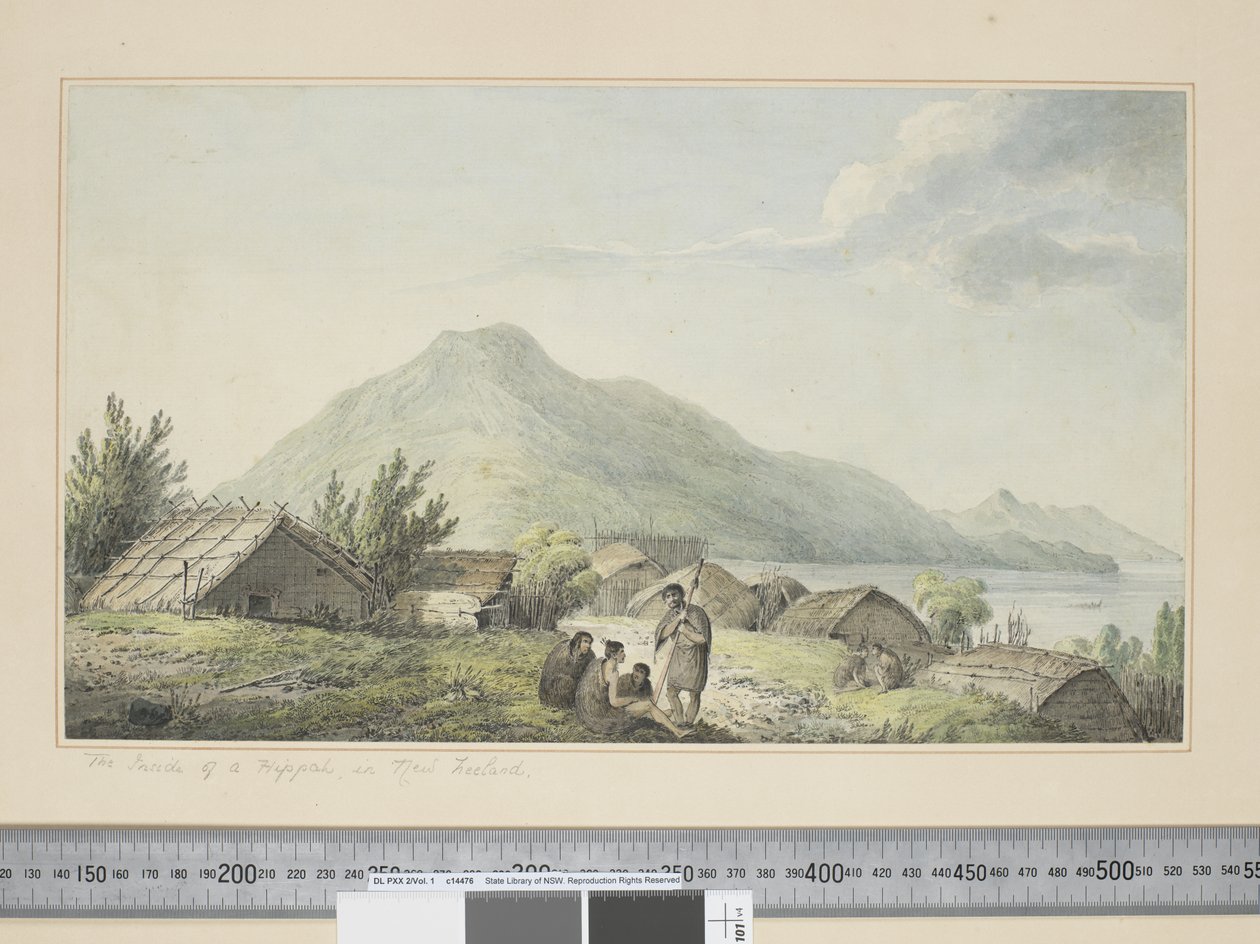 F.2 The Inside of a Hippah, in New Zeeland sic, c.1773-84 (gravuras em aquarela e impressão) de John Webber