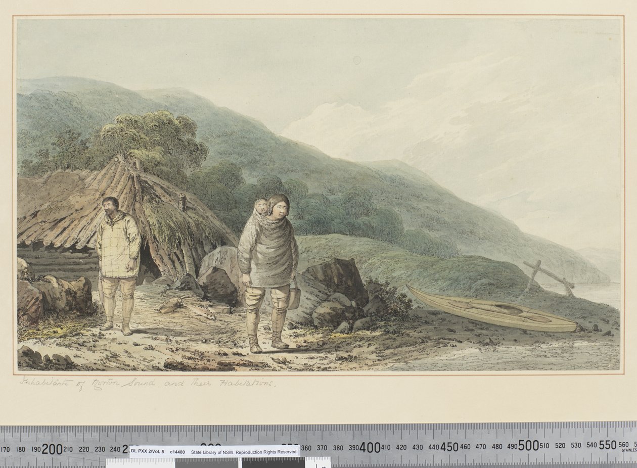 F.33 Habitantes de Norton Sound e suas habitações, c.1773-84 (aguarela) de John Webber