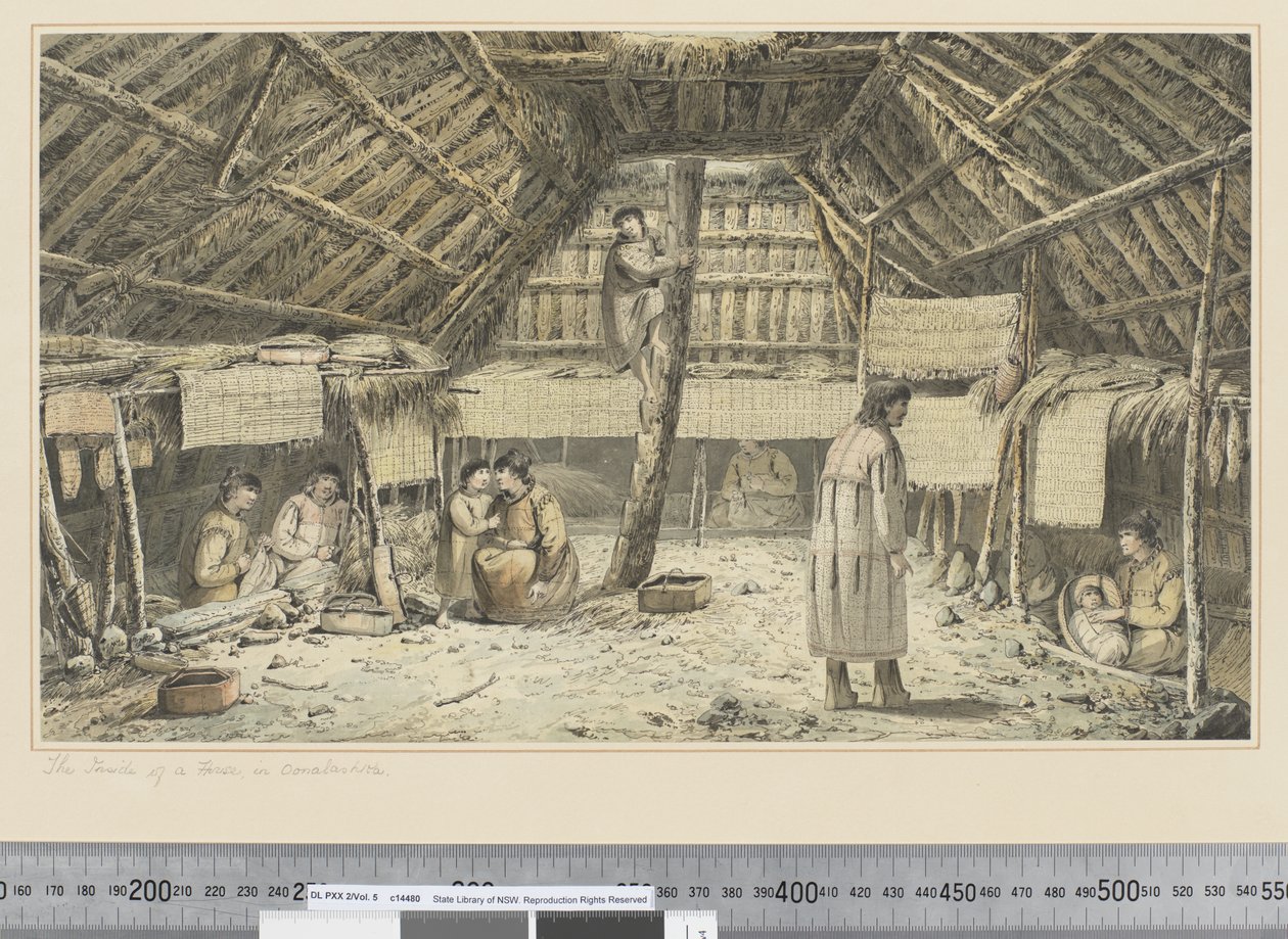 F.34 O Interior de uma Casa em Oonalashka, c.1773-84 (aquarela) de John Webber