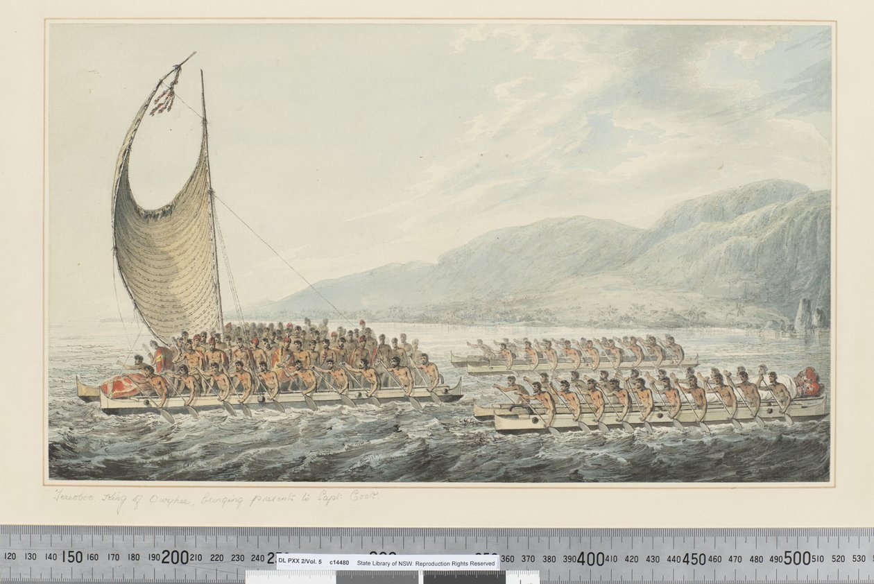F.35 Tereoboo, Rei de Owyhee, trazendo presentes ao Capitão Cook, c.1773-84 (aquarela) de John Webber