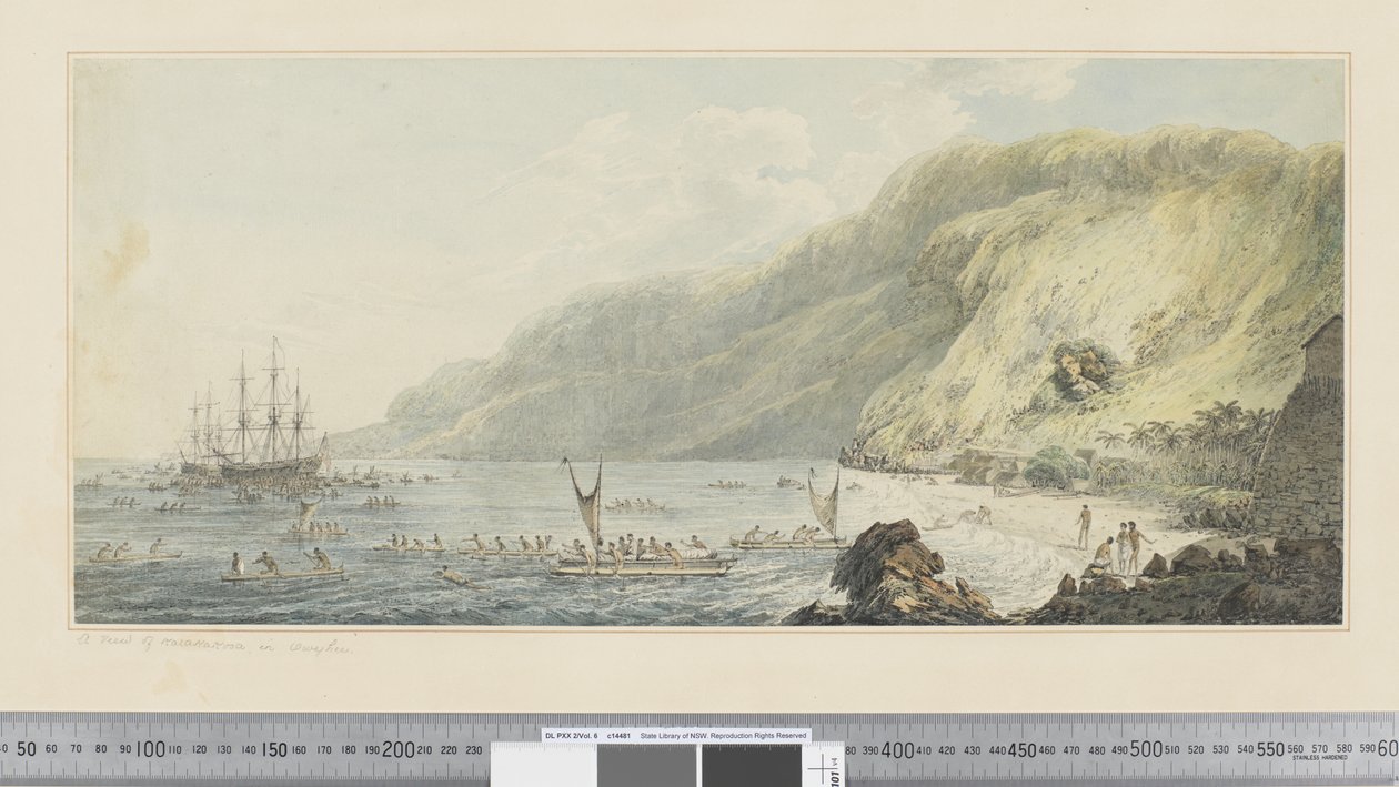 F.39 Uma Vista de Karakakooa, em Owyhee, c.1783-84 (aquarela) de John Webber
