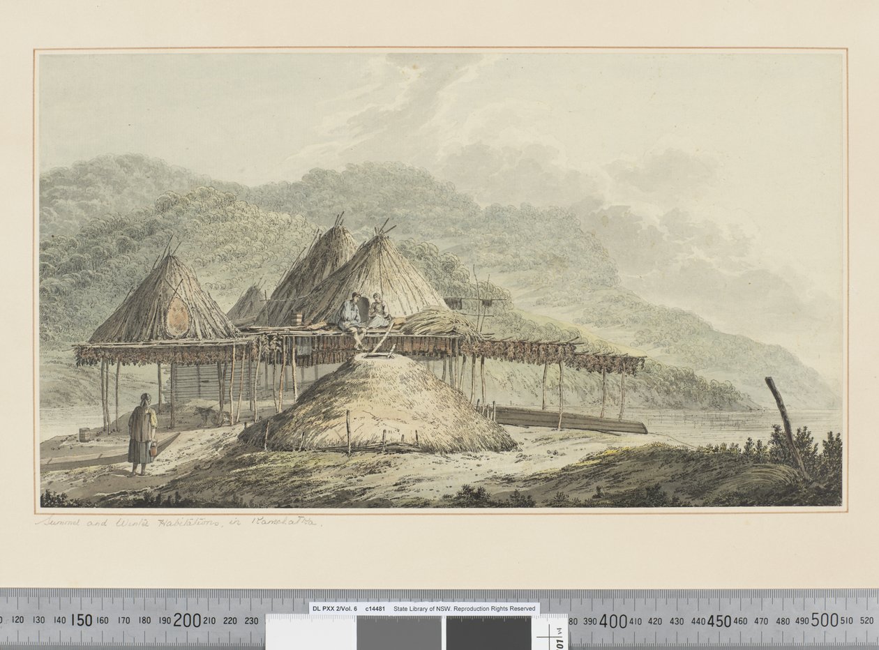 F.42 Habitações de Verão e Inverno em Kamschatka, c.1783-84 (aguarela) de John Webber