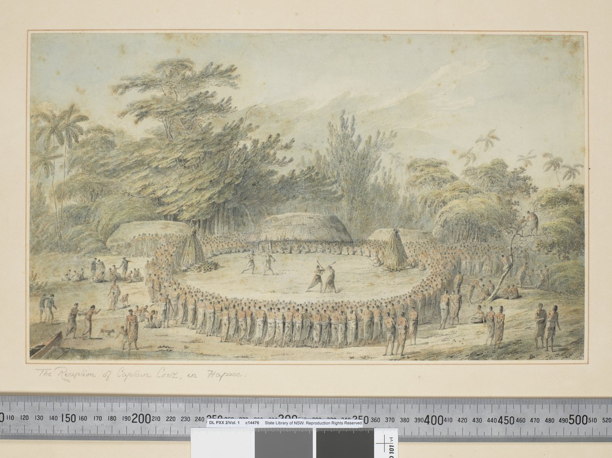 F.4 A Recepção do Capitão Cozinheiro em Hapaee, c.1773-84 (aguarela e gravuras impressas) de John Webber