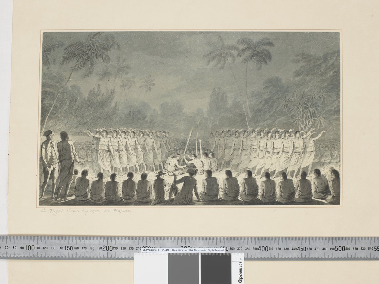 F.5 A Night Dance by Men, em Hapaee, c.1773-84 (aquarela) de John Webber