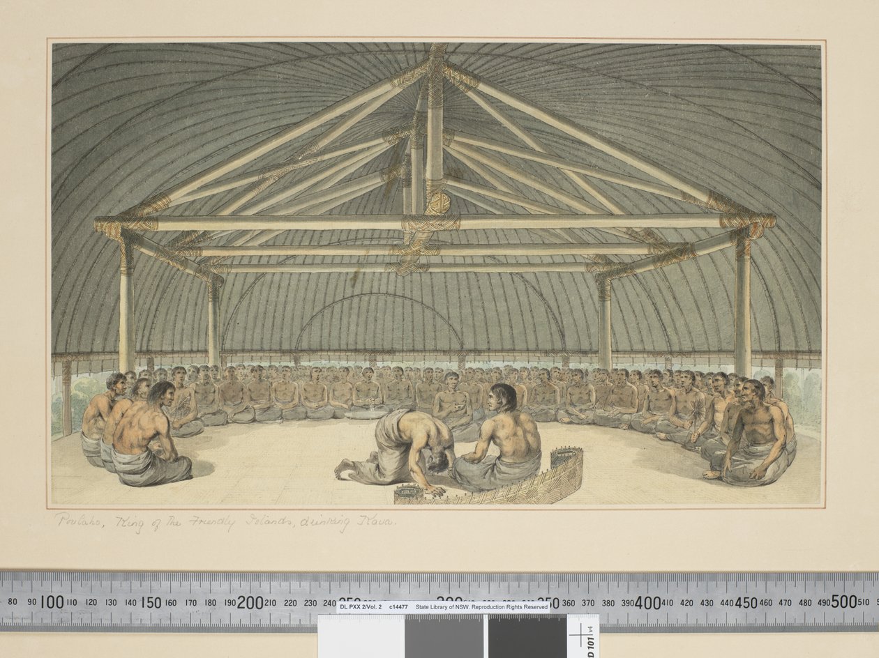 F.7 Poulaho, Rei das Ilhas Amigas, bebendo Kava, c.1773-84 (aguarela) de John Webber