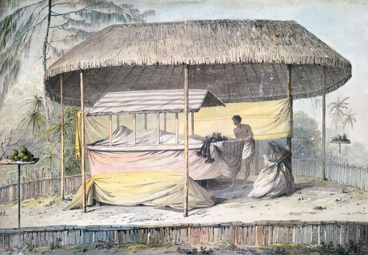 Funeral com falecido sob copa das árvores, Taiti, Ilhas da Sociedade, aguarela por John Webber (1750-1793) da descrição da última viagem do Capitão James Cook (1776-1779), Polinésia de John Webber