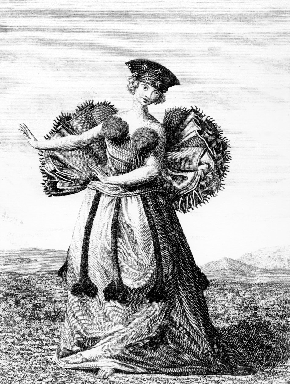 Hábito de uma jovem mulher de dança Otaheite, c.1785 (gravura) de John Webber