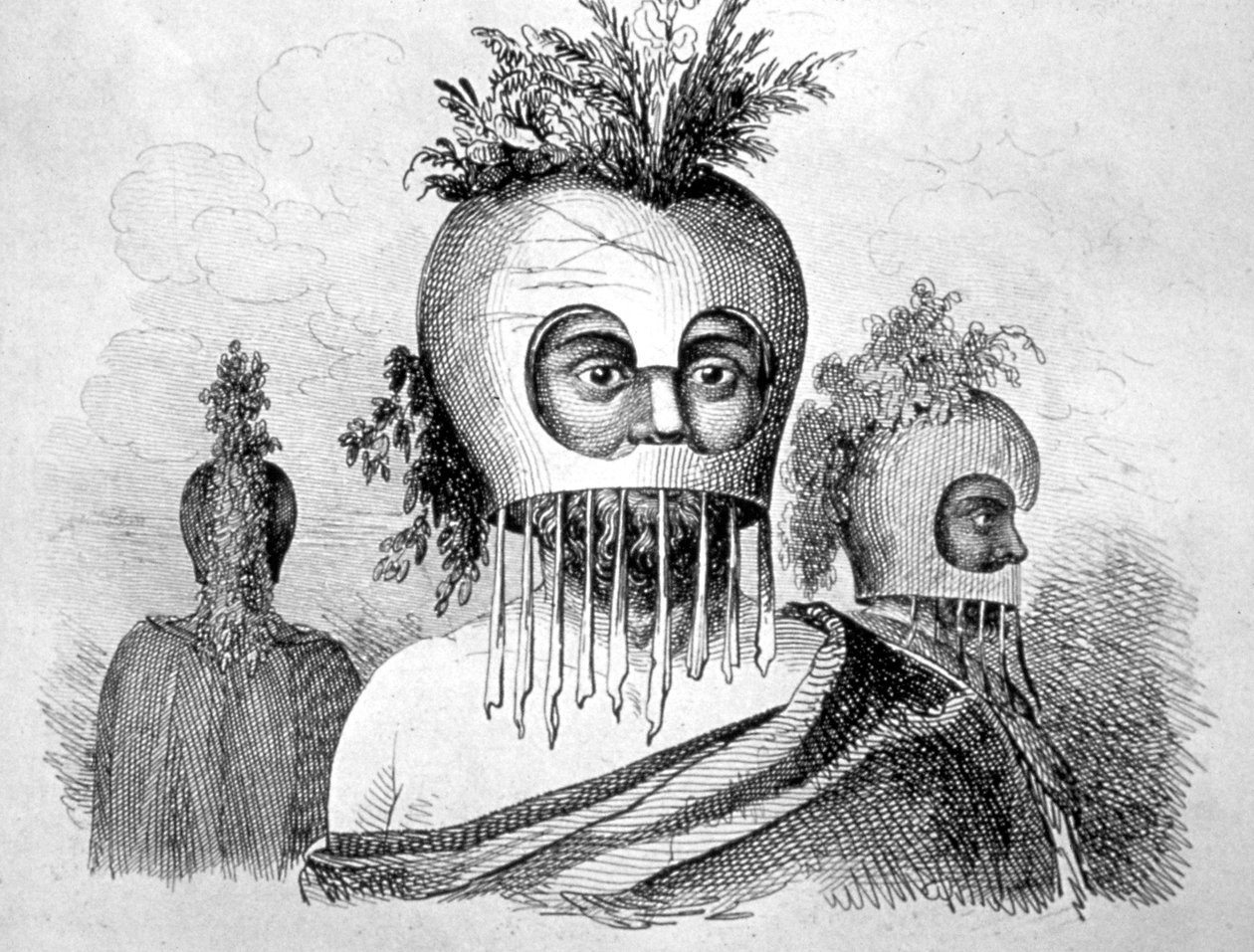 Homem havaiano usando uma máscara de cabaça, do século XVIII de John Webber